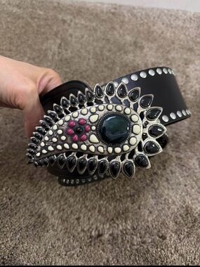 Isabel Marant Decorative Black Leather Belt with Ornate Jewel Buckle